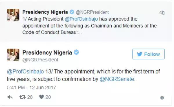 Acting President Osinbajo Appoints Chairman & Members For Code Of Conduct Bureau